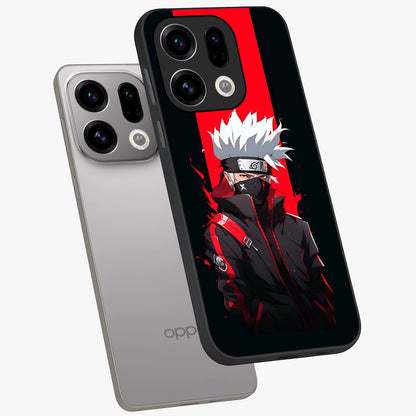 Kakashi Scarlet Shadow Glass Case displayed in angled mockup highlighting dramatic ninja illustration with scarlet themed aesthetic.