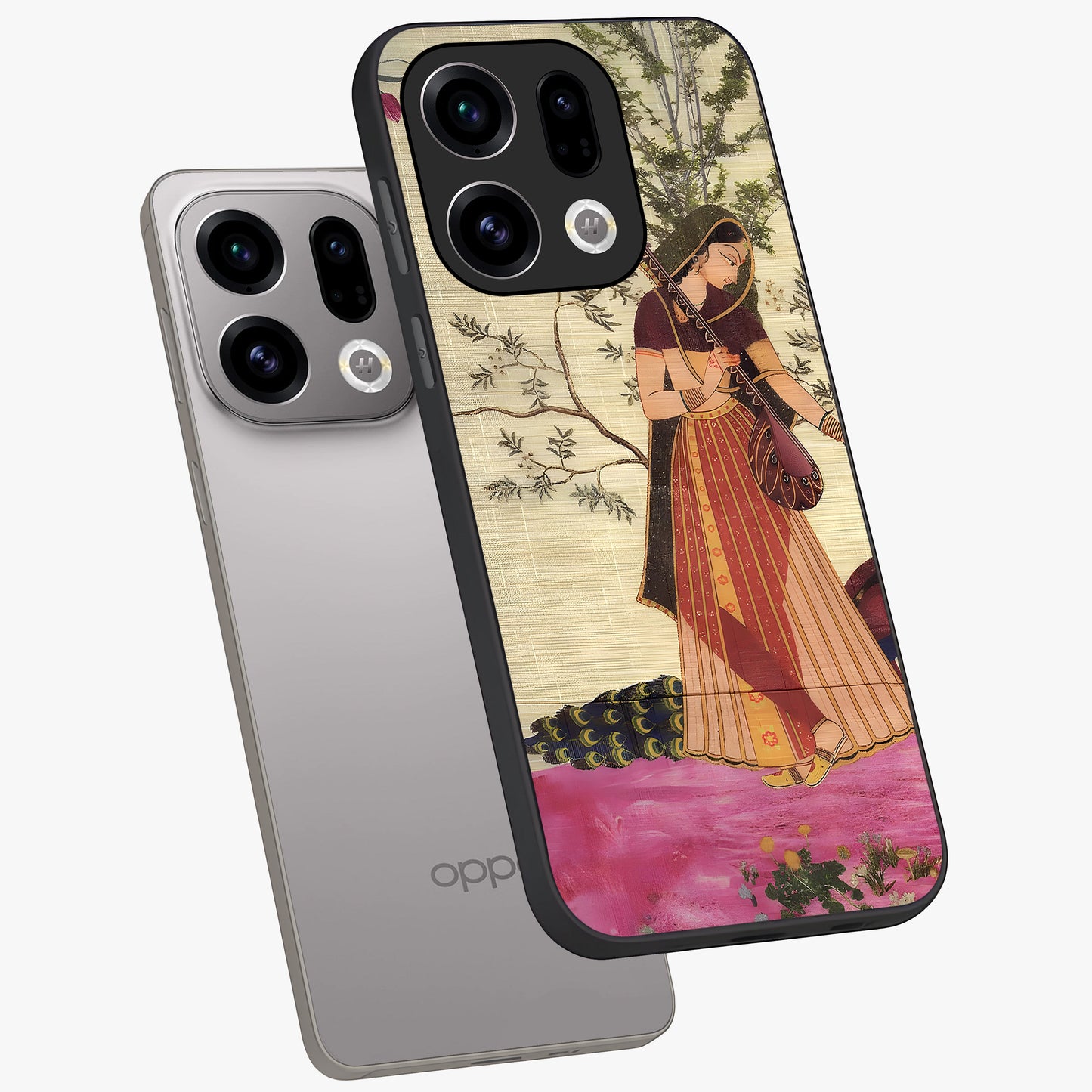 Lady With Veena Art Glass Case displayed in angled mockup highlighting graceful musical illustration with cultural artistic aesthetic.