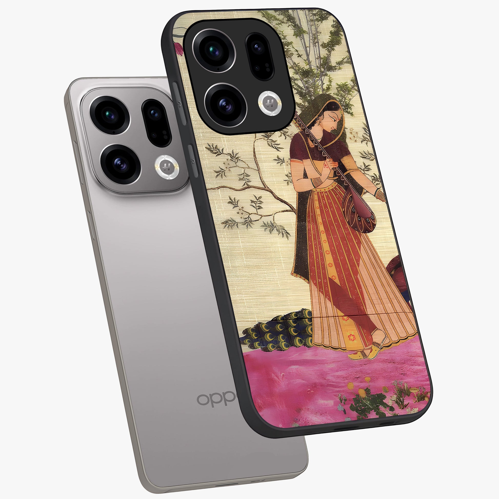 Lady With Veena Art Glass Case displayed in angled mockup highlighting graceful musical illustration with cultural artistic aesthetic.