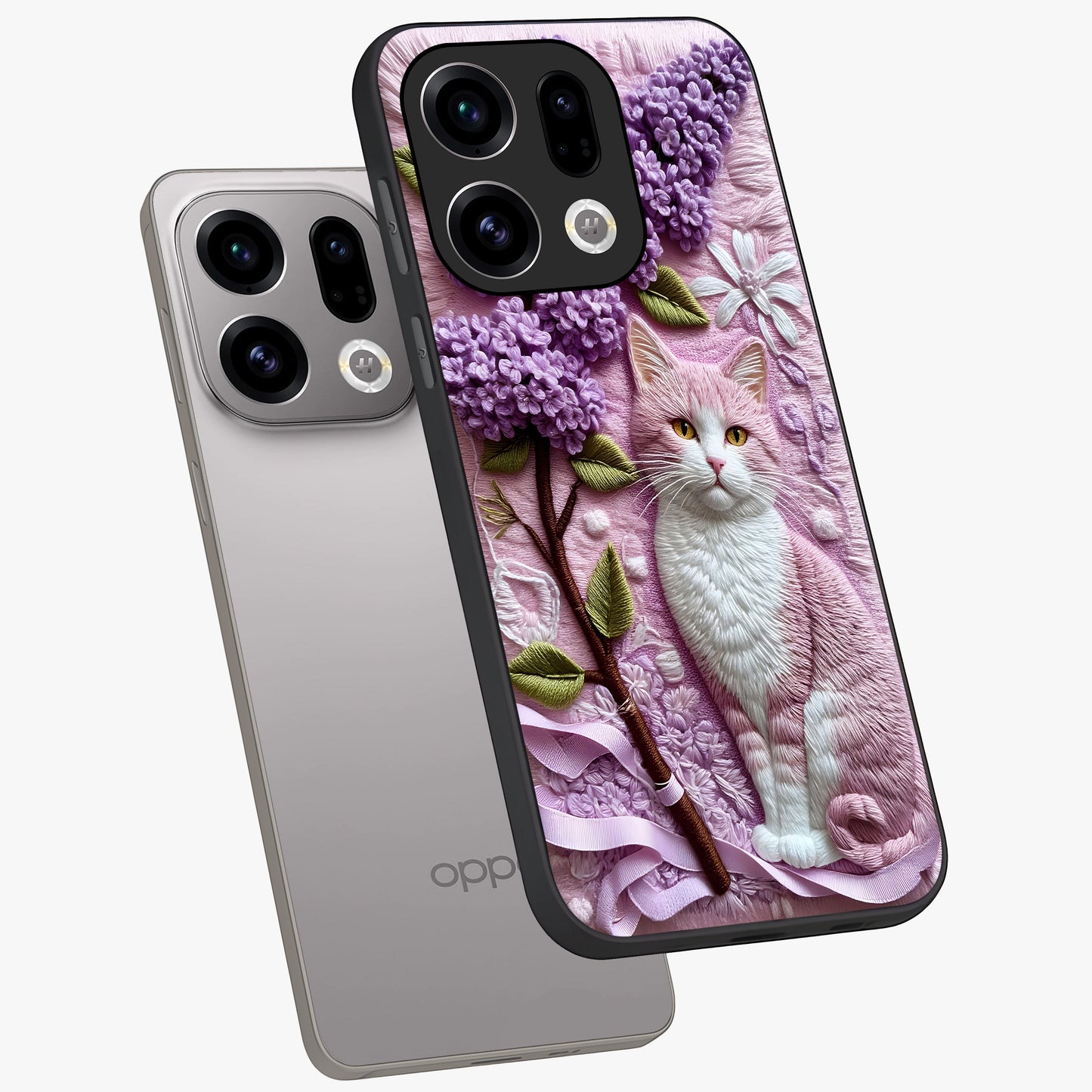 Lavender Cat Whimsy Glass Case displayed in angled mockup highlighting playful feline illustration with pastel lavender aesthetic.