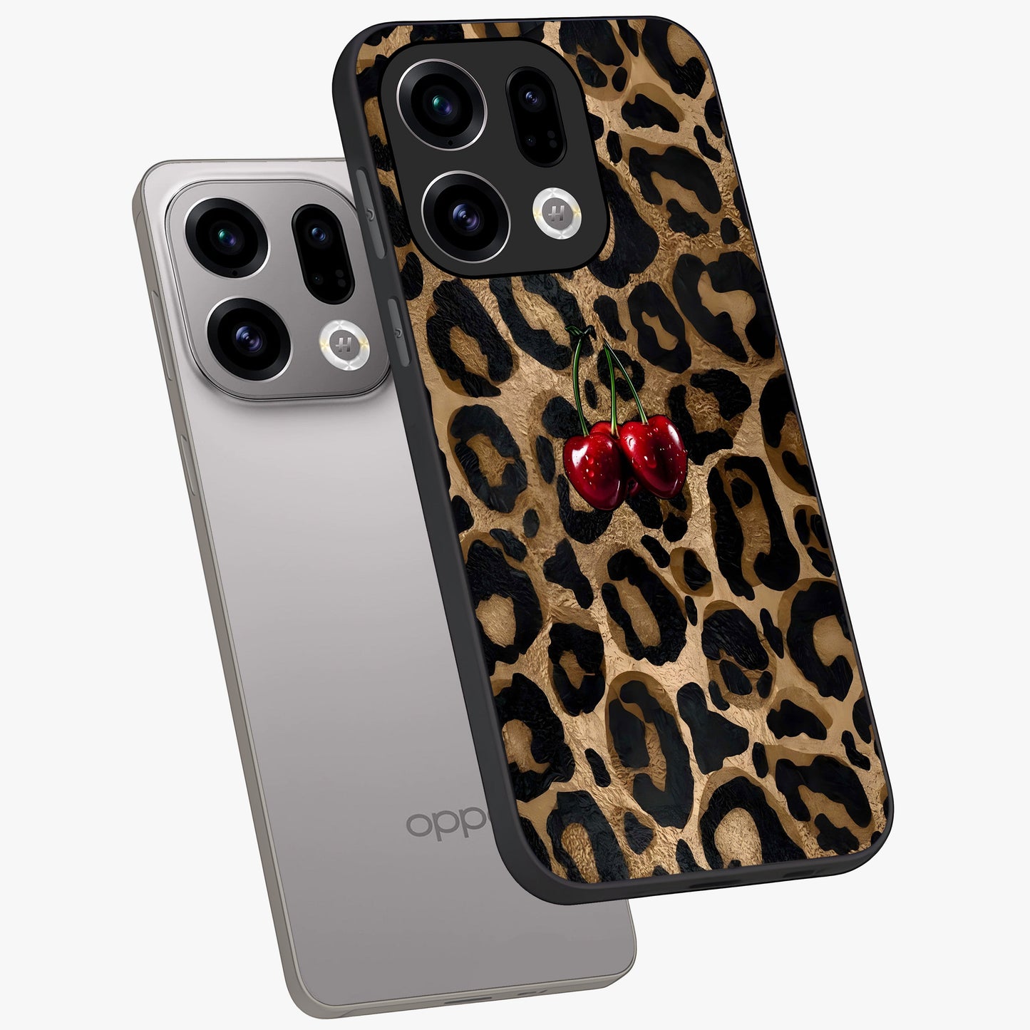 Leopard Wild Cherry Glass Case displayed in angled mockup highlighting bold animal print design with playful cherry aesthetic.