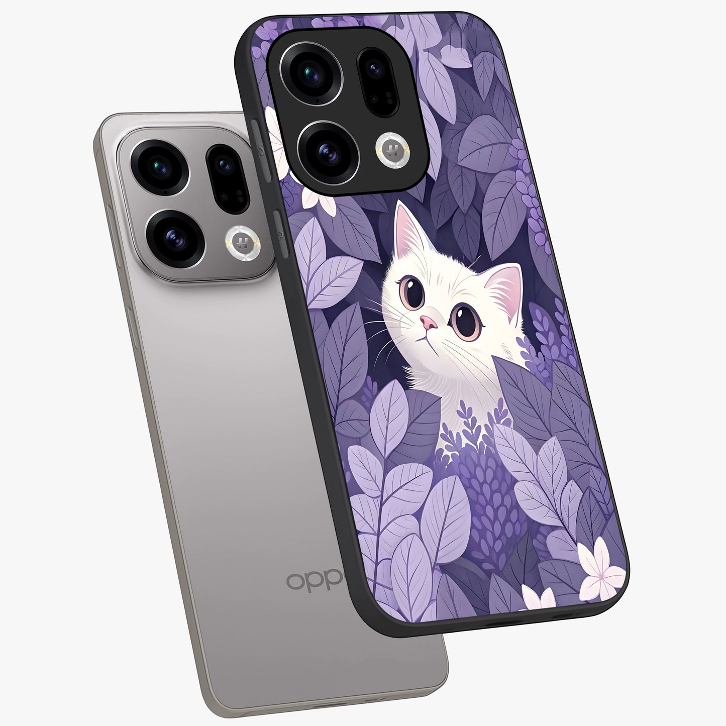 Lilac Hide Peek Cat Glass Case displayed in angled mockup highlighting playful feline illustration with lilac aesthetic design.