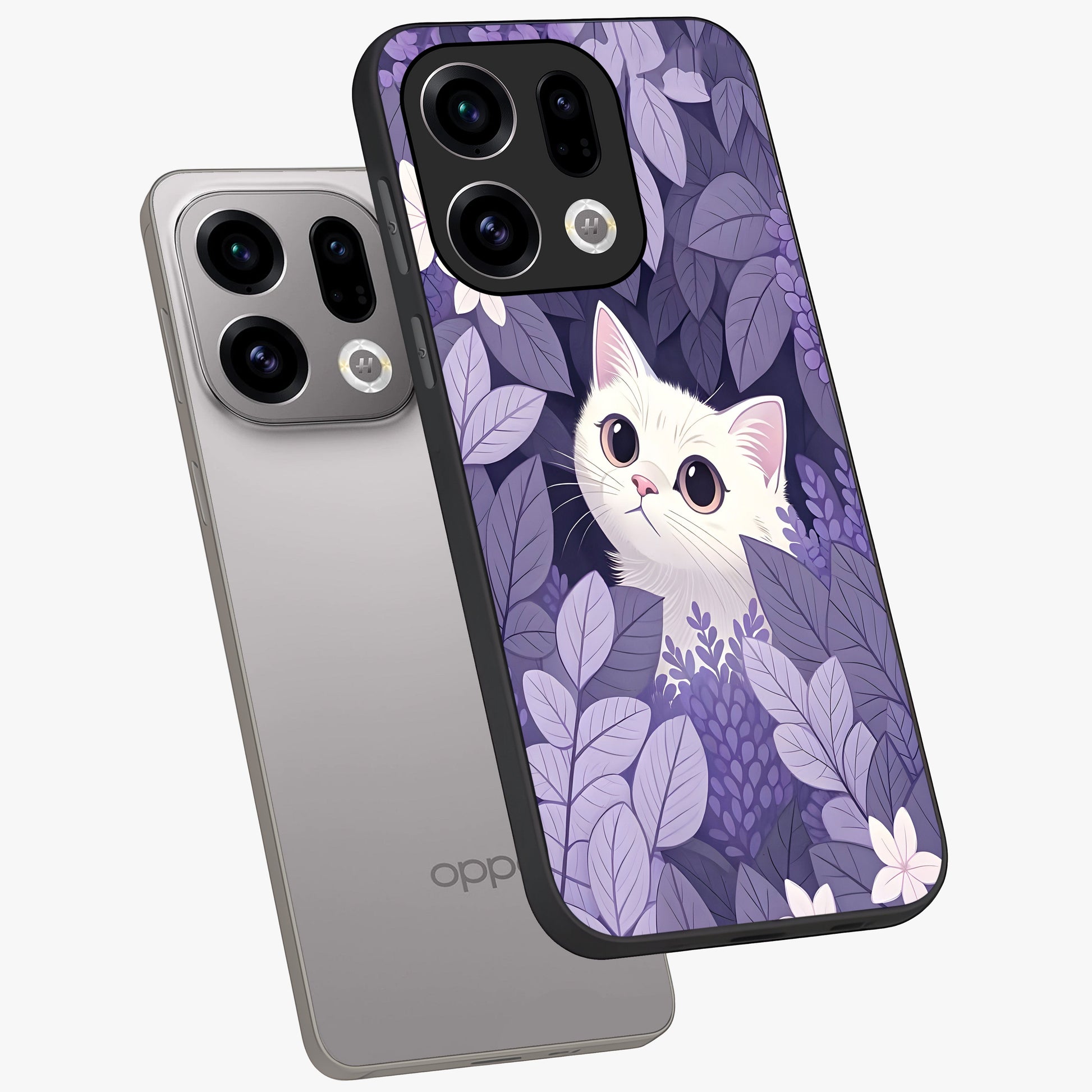 Lilac Hide Peek Cat Glass Case displayed in angled mockup highlighting playful feline illustration with lilac aesthetic design.