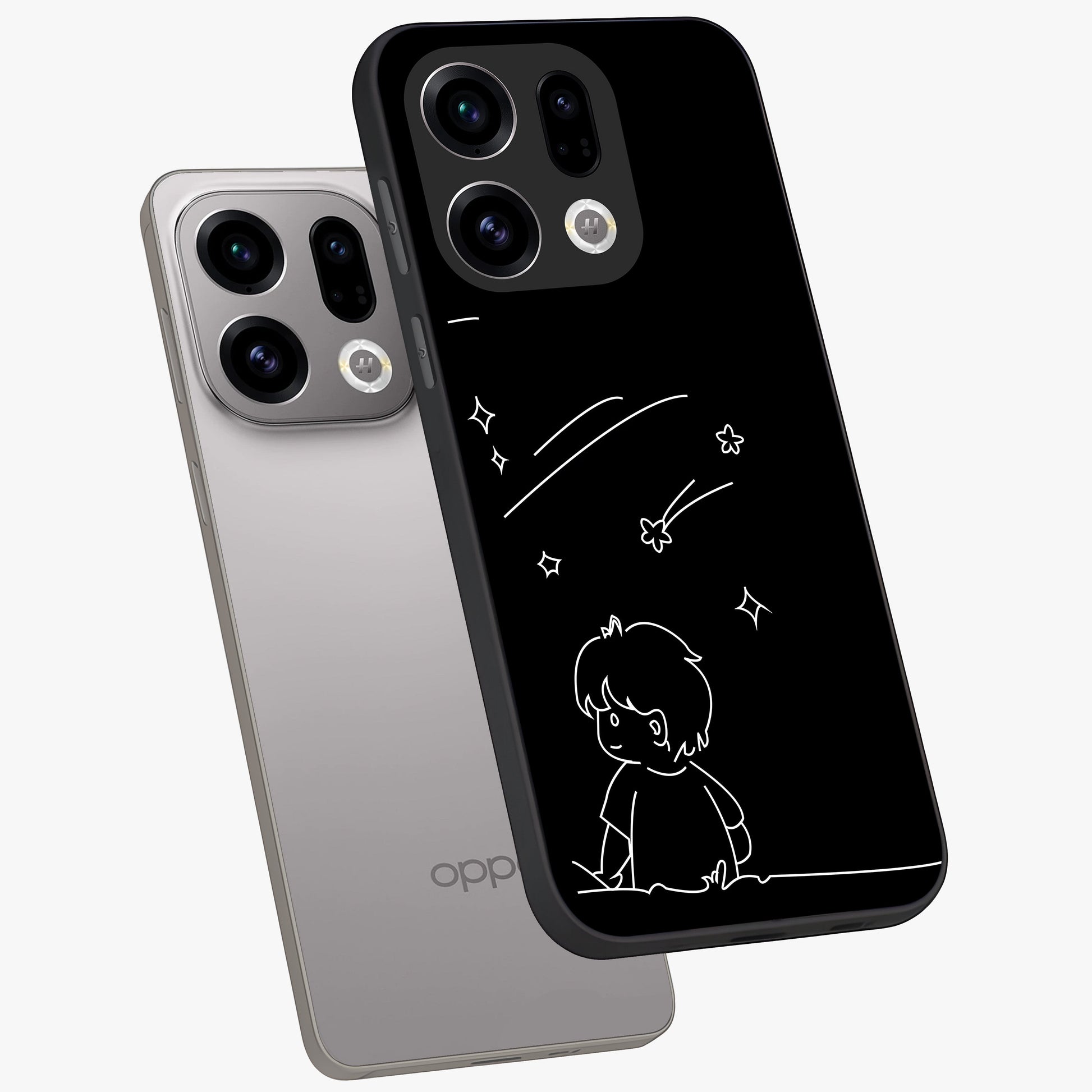 Line Art Boy With Shooting Stars Glass Case displayed in angled mockup highlighting elegant line art design with dreamy star aesthetic.