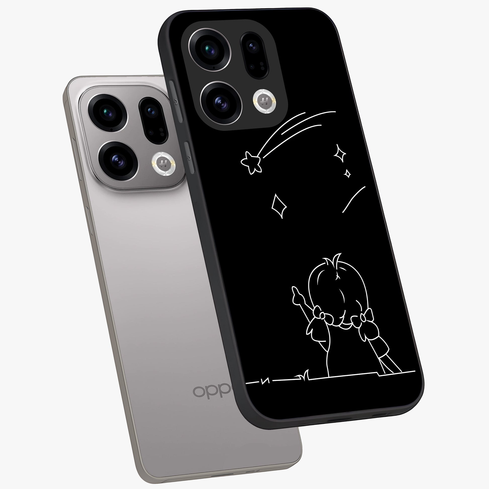 Line Art Girl With Shooting Stars Glass Case displayed in angled mockup highlighting elegant line art design with dreamy star aesthetic.