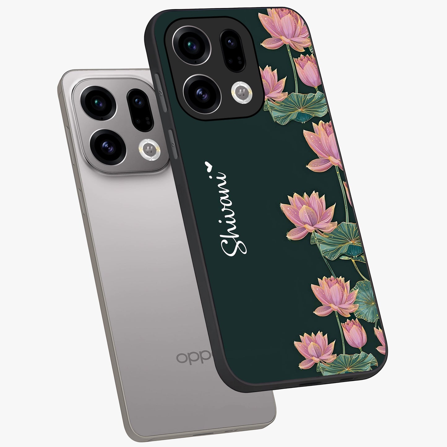 Lotus Bloom Serenity Custom Name Glass Case displayed in angled mockup highlighting graceful lotus illustration with custom name feature.