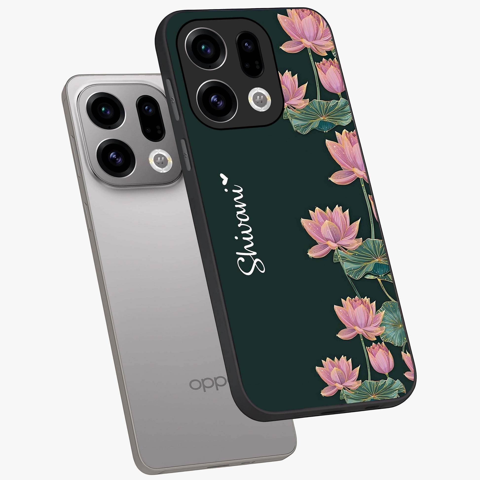 Lotus Bloom Serenity Custom Name Glass Case displayed in angled mockup highlighting graceful lotus illustration with custom name feature.