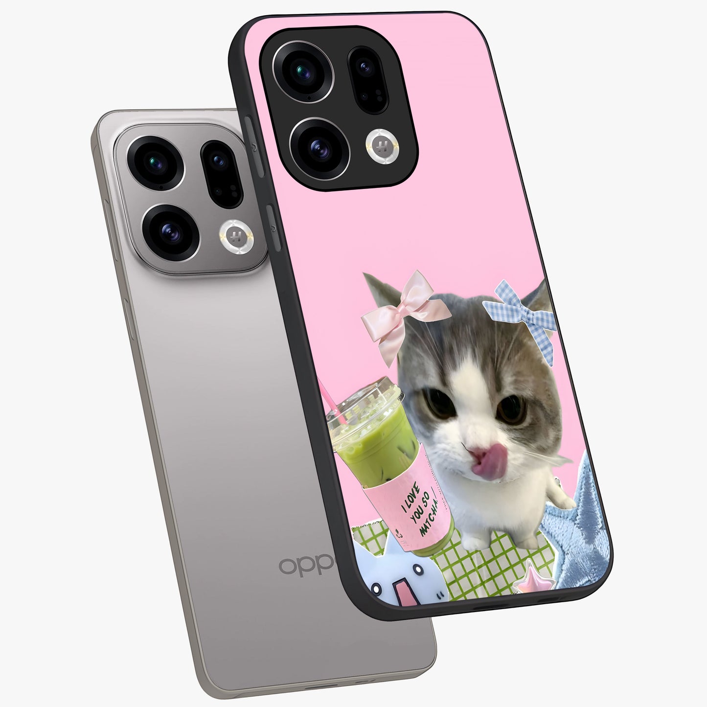 Love Matcha Cat Glass Case displayed in angled mockup highlighting playful feline illustration with cozy matcha aesthetic.