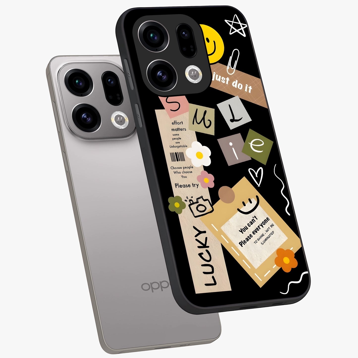 Lucky Aesthetic Collage Glass Case displayed in angled mockup highlighting stylish collage pattern with modern aesthetic vibe.