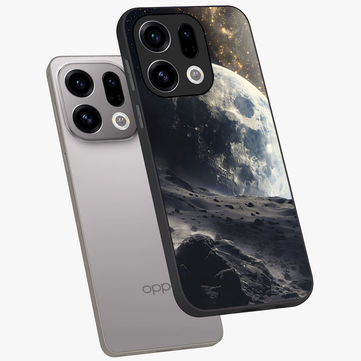 Lunar Horizon Glow Glass Case displayed in angled mockup highlighting celestial moon design with dreamy night aesthetic.