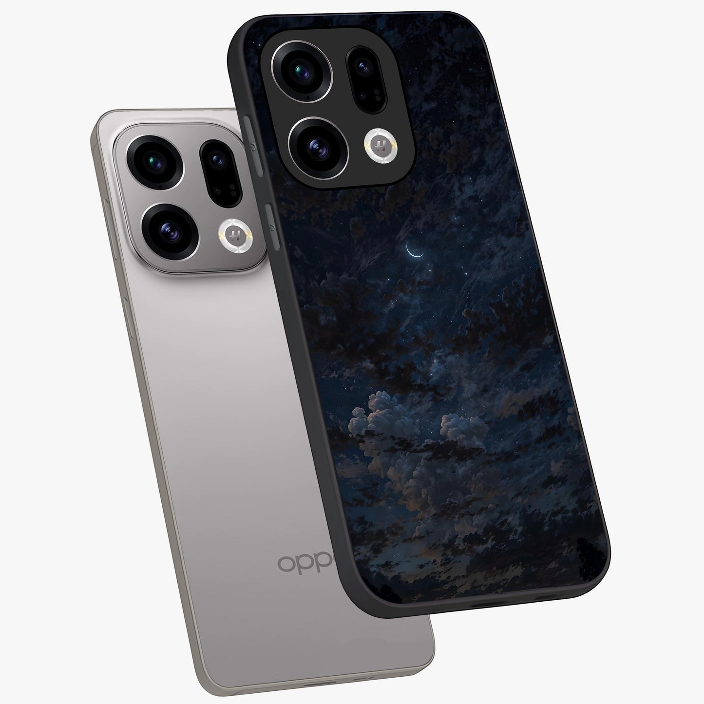 Lunar Veil Silence Glass Case displayed in angled mockup highlighting soft lunar design with peaceful celestial aesthetic.