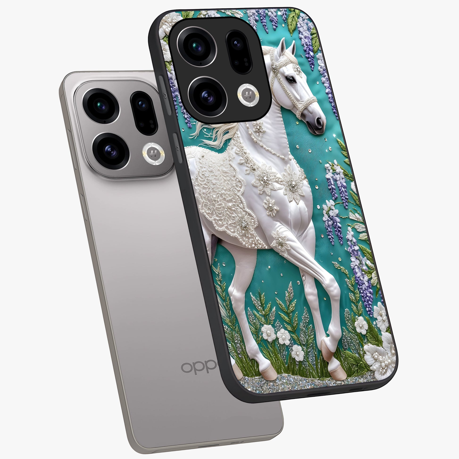 Majestic Floral Stallion Glass Case displayed in angled mockup highlighting majestic stallion illustration with elegant floral aesthetic.