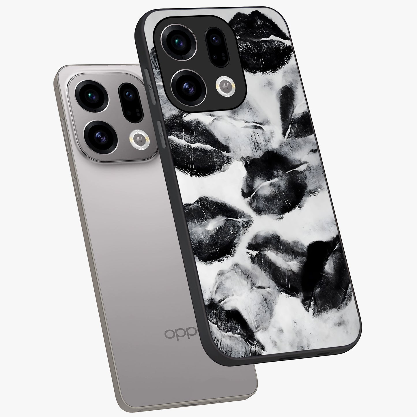 Midnight Kiss Marks Glass Case displayed in angled mockup highlighting playful romantic design with bold midnight aesthetic.