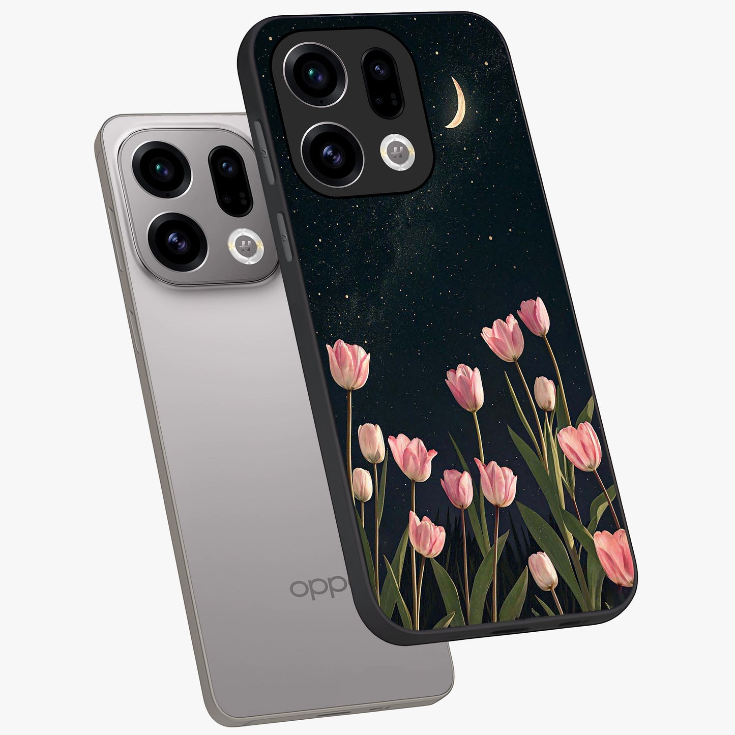 Midnight Tulip Whispers Vibe Glass Case displayed in angled mockup highlighting delicate tulip design with midnight floral aesthetic.