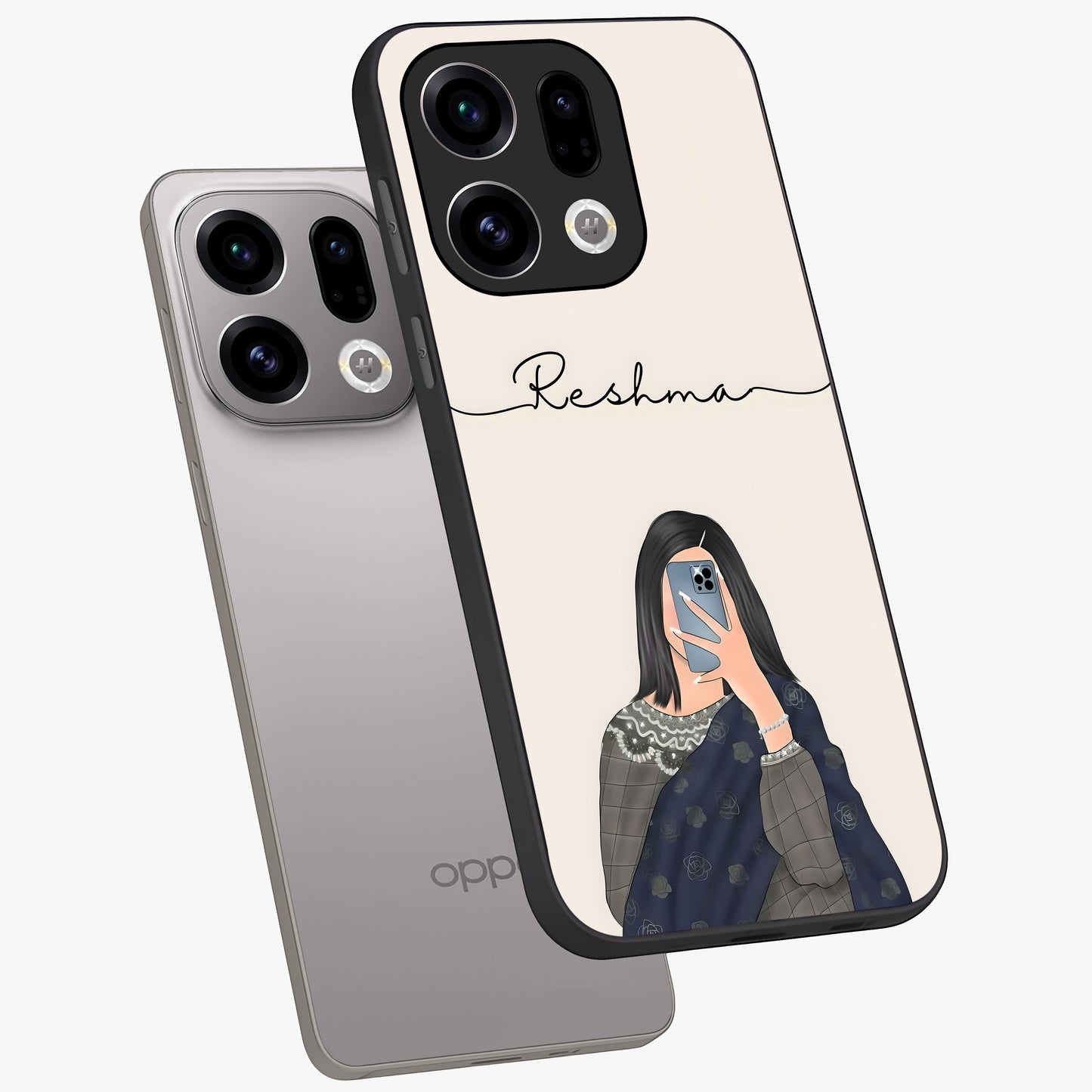 Mirror Mood Muse With Custom Name Glass Case displayed in angled mockup highlighting aesthetic mirror inspired design with custom name feature.