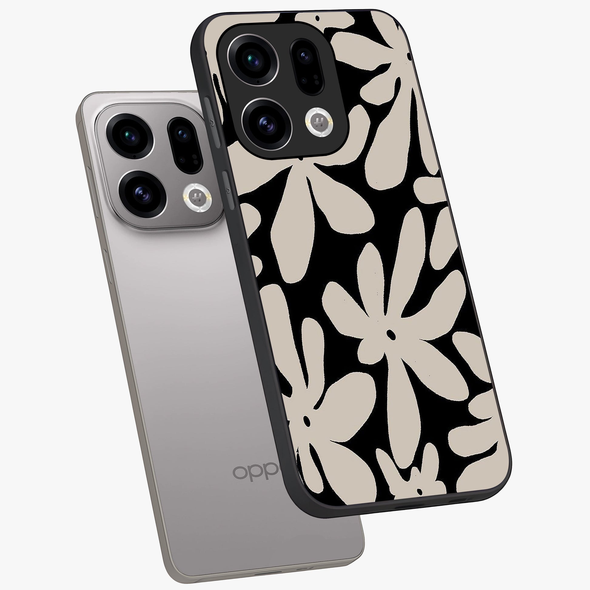 Monochrome Petal Dance Glass Case displayed in angled mockup highlighting elegant petal design with black and white aesthetic.