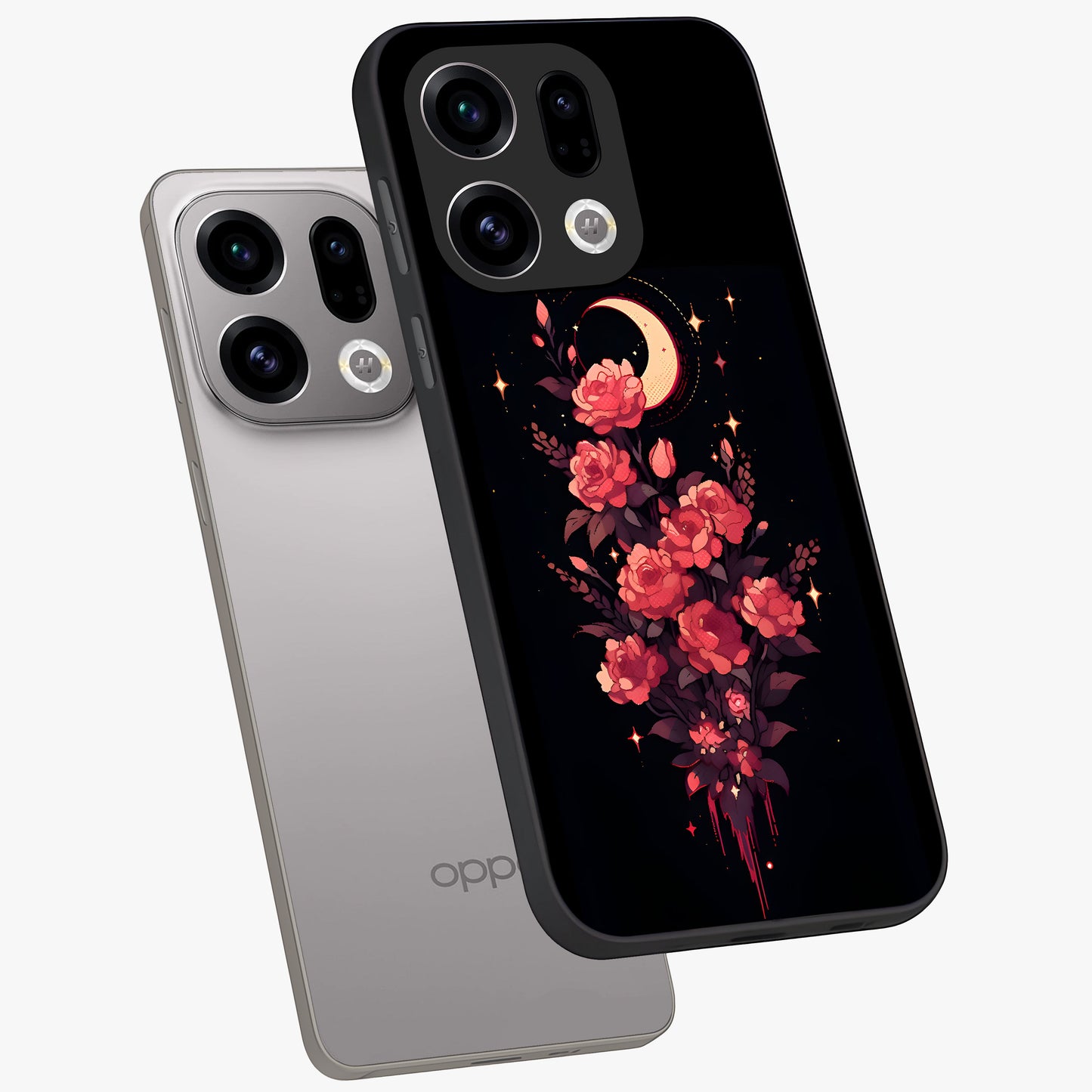 Moonlit Floral Elegance Glass Case displayed in angled mockup highlighting graceful flower design with soft moonlight aesthetic.