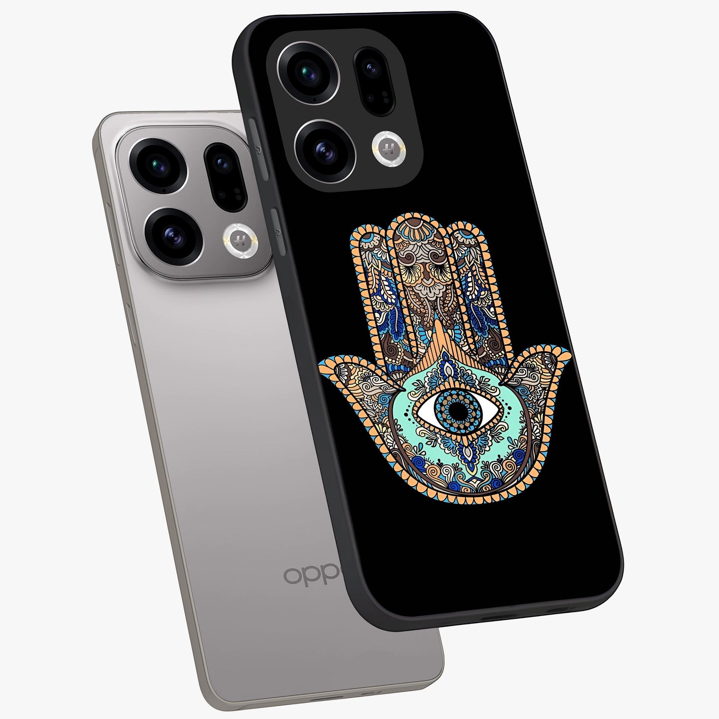Mystic Hamsa Eye Glass Case displayed in angled mockup highlighting spiritual hamsa symbol with mystical aesthetic style.