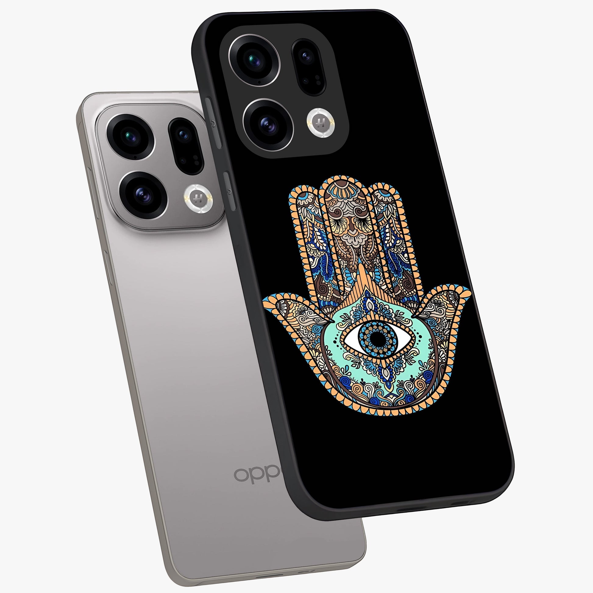 Mystic Hamsa Eye Glass Case displayed in angled mockup highlighting spiritual hamsa symbol with mystical aesthetic style.