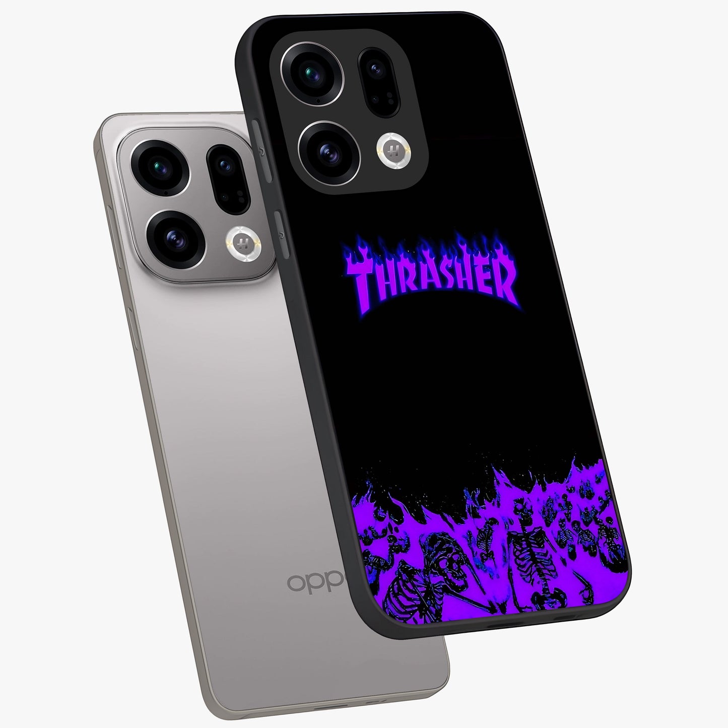 Neon Flame Riot Glass Case displayed in angled mockup highlighting glowing flame design with vibrant neon aesthetic.