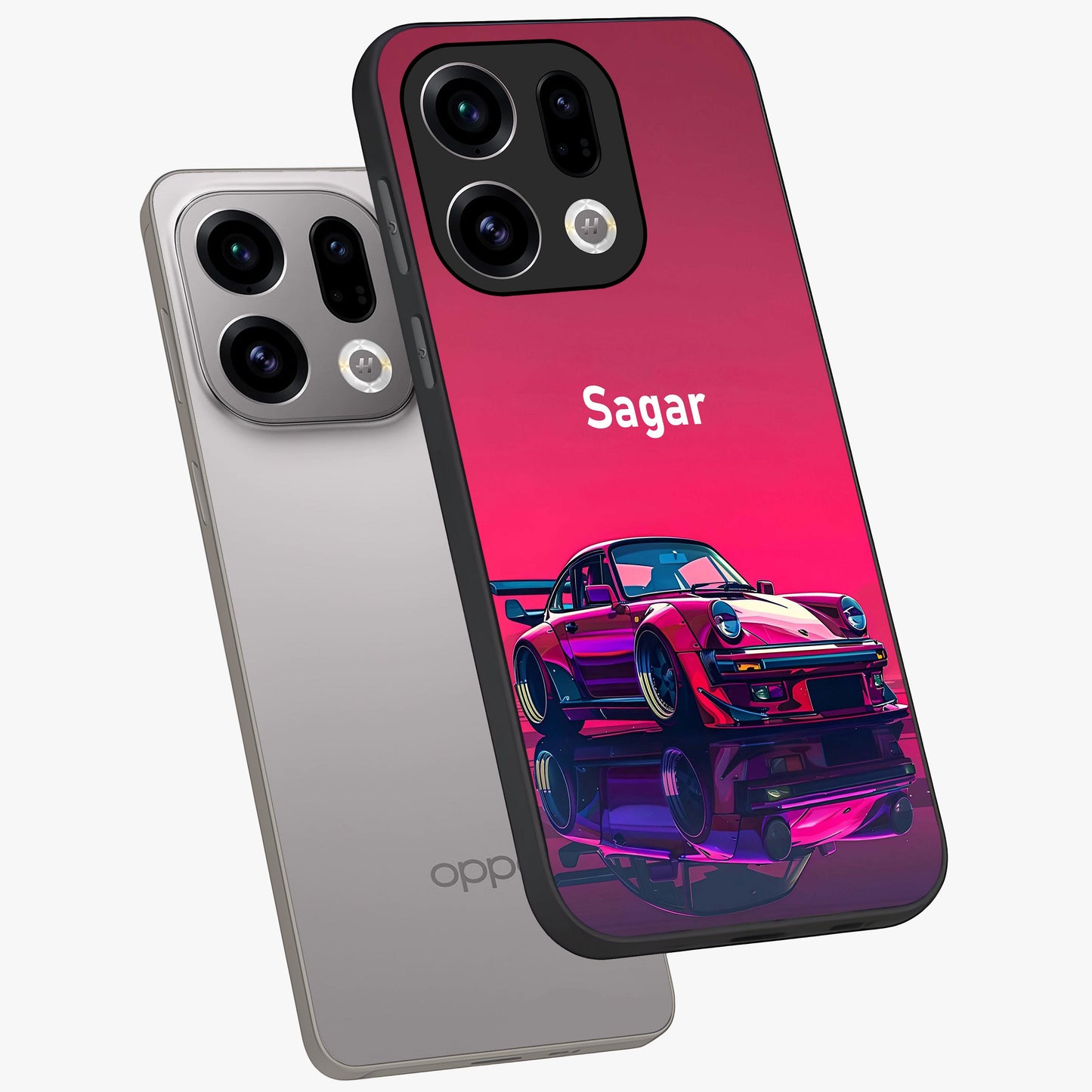 Neon Pink Porsche Glass Case displayed in angled mockup highlighting sleek neon pink car design with racing aesthetic.