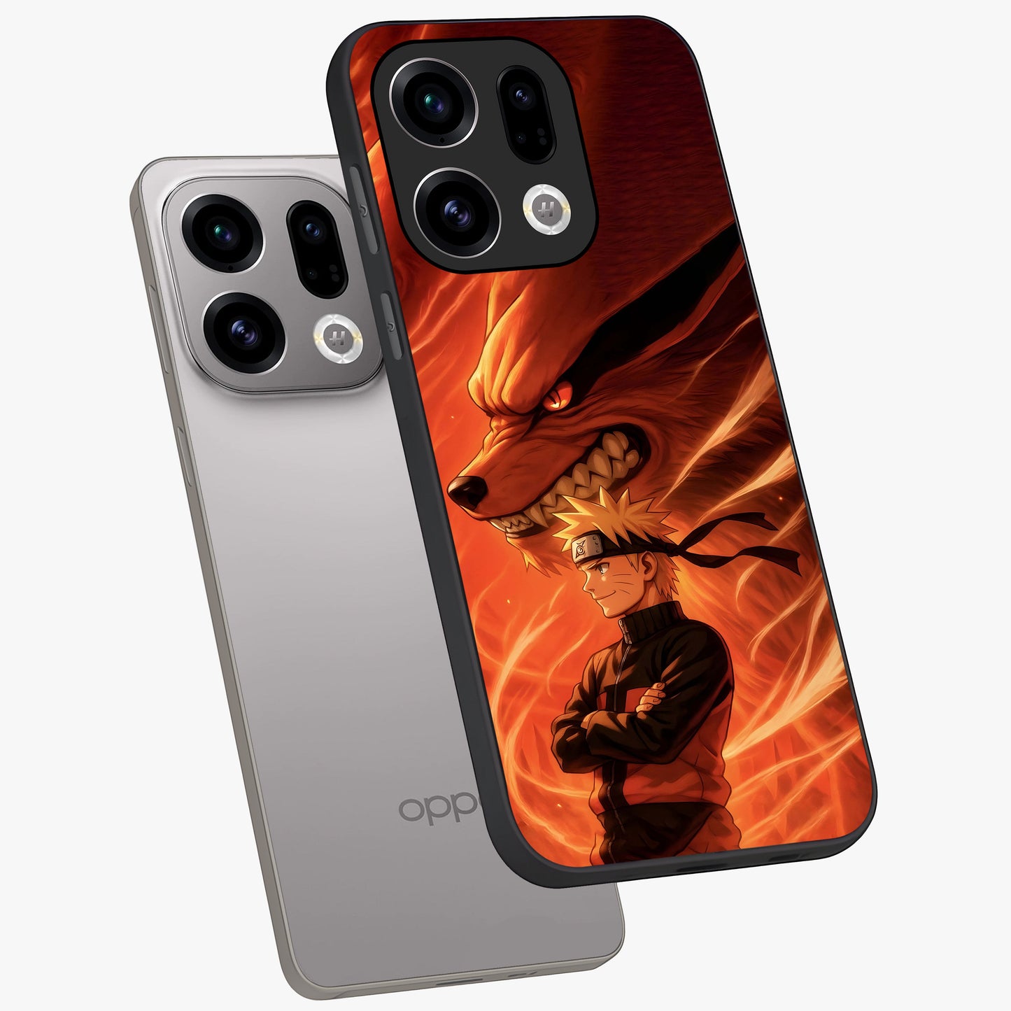 Nine Tails Legacy Glass Case displayed in angled mockup highlighting dynamic anime beast illustration with bold mystical aesthetic.