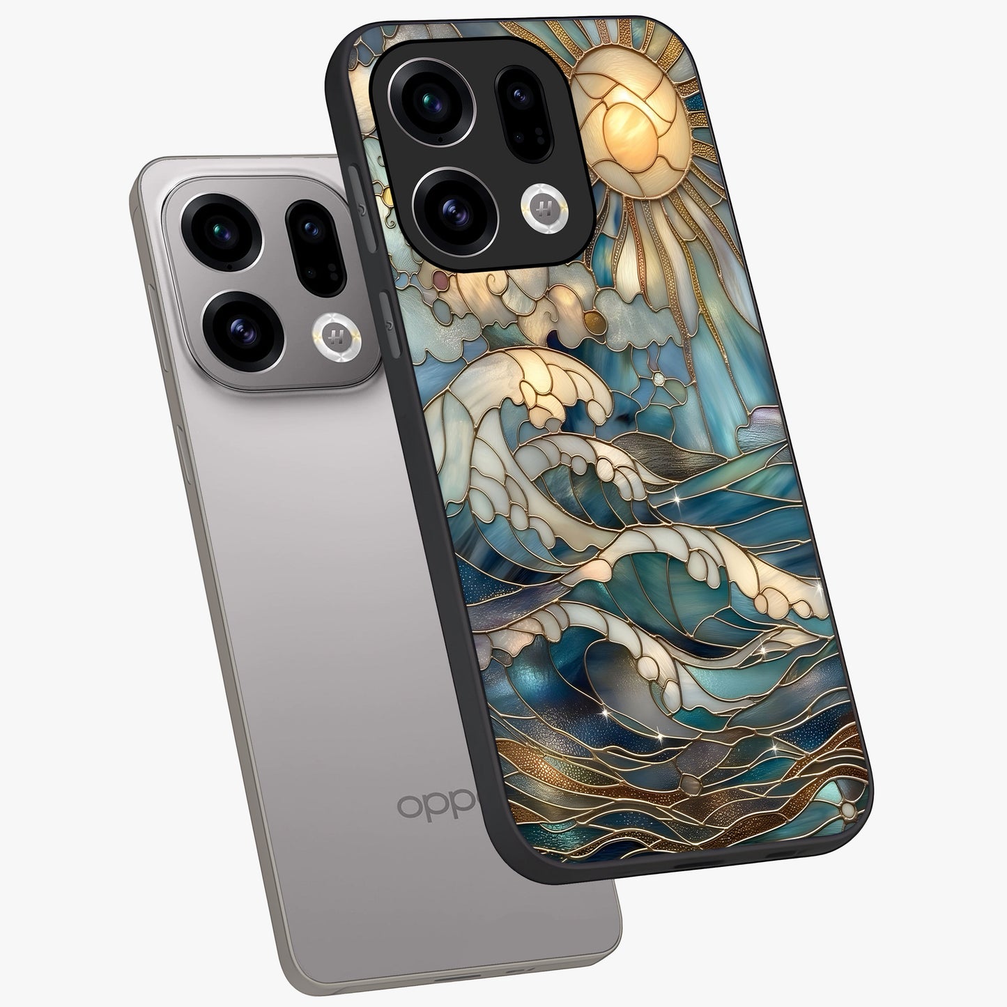 Oceanic Stained Printed Glass Case displayed in angled mockup highlighting colorful aquatic design with artistic aesthetic style.
