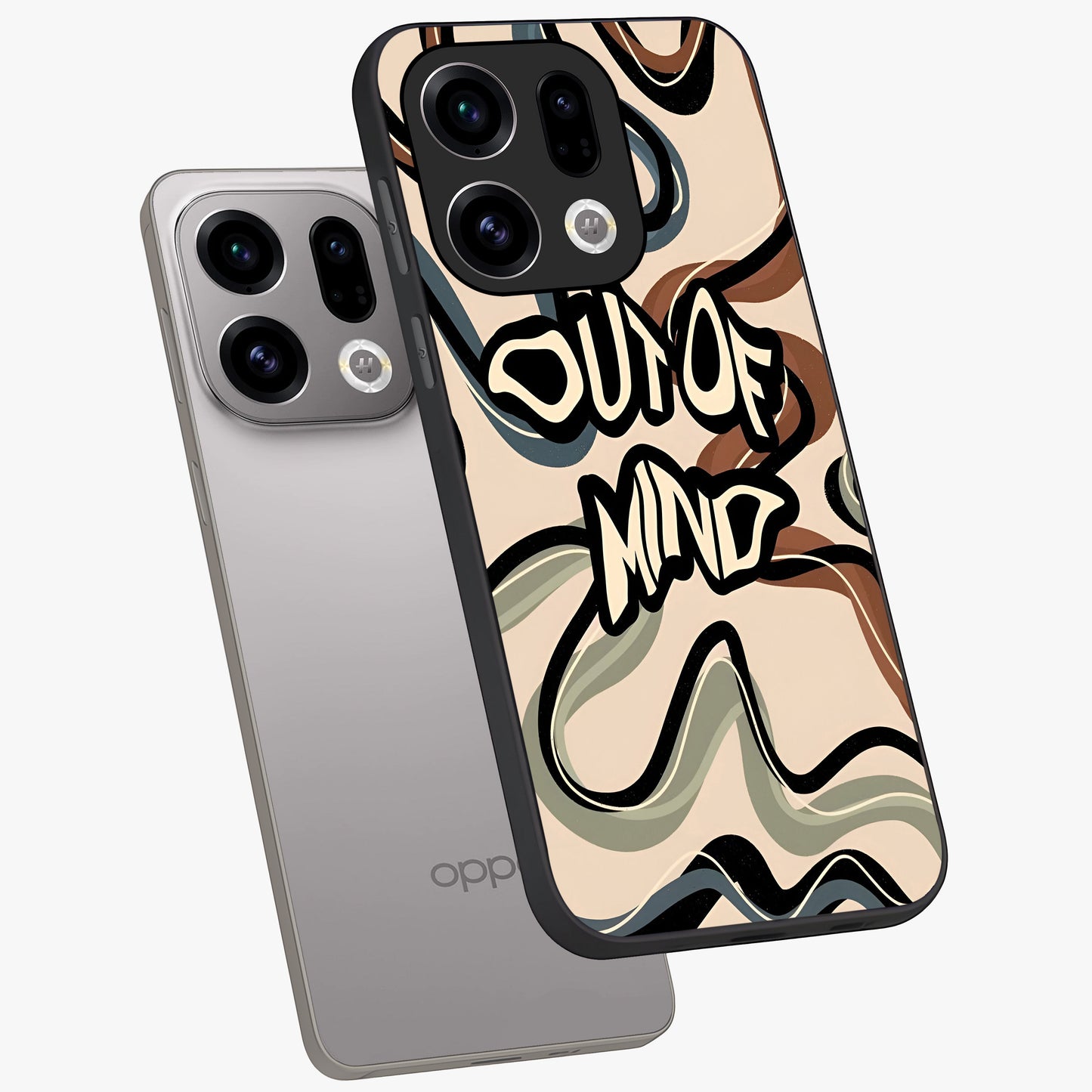 Out Of Mind Glass Case displayed in angled mockup highlighting bold statement design with modern artistic aesthetic.