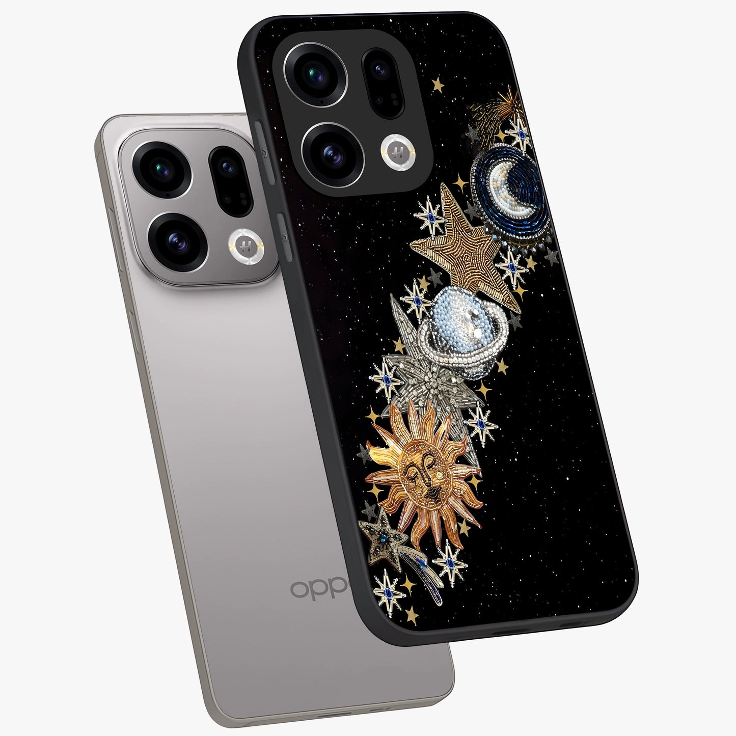 Pearls Universe Object Glass Case displayed in angled mockup highlighting celestial pearl design with dreamy aesthetic.