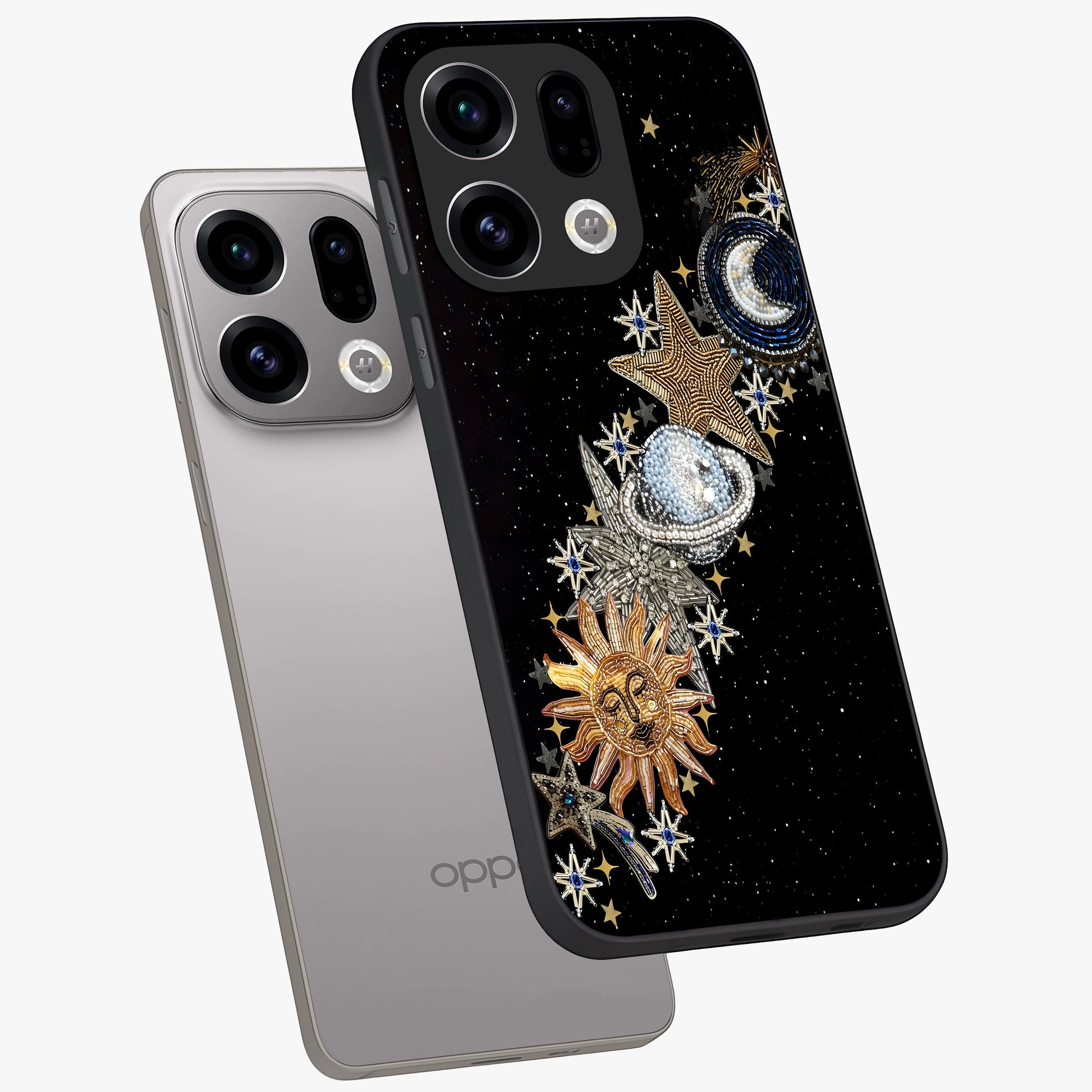 Pearls Universe Object Glass Case displayed in angled mockup highlighting celestial pearl design with dreamy aesthetic.