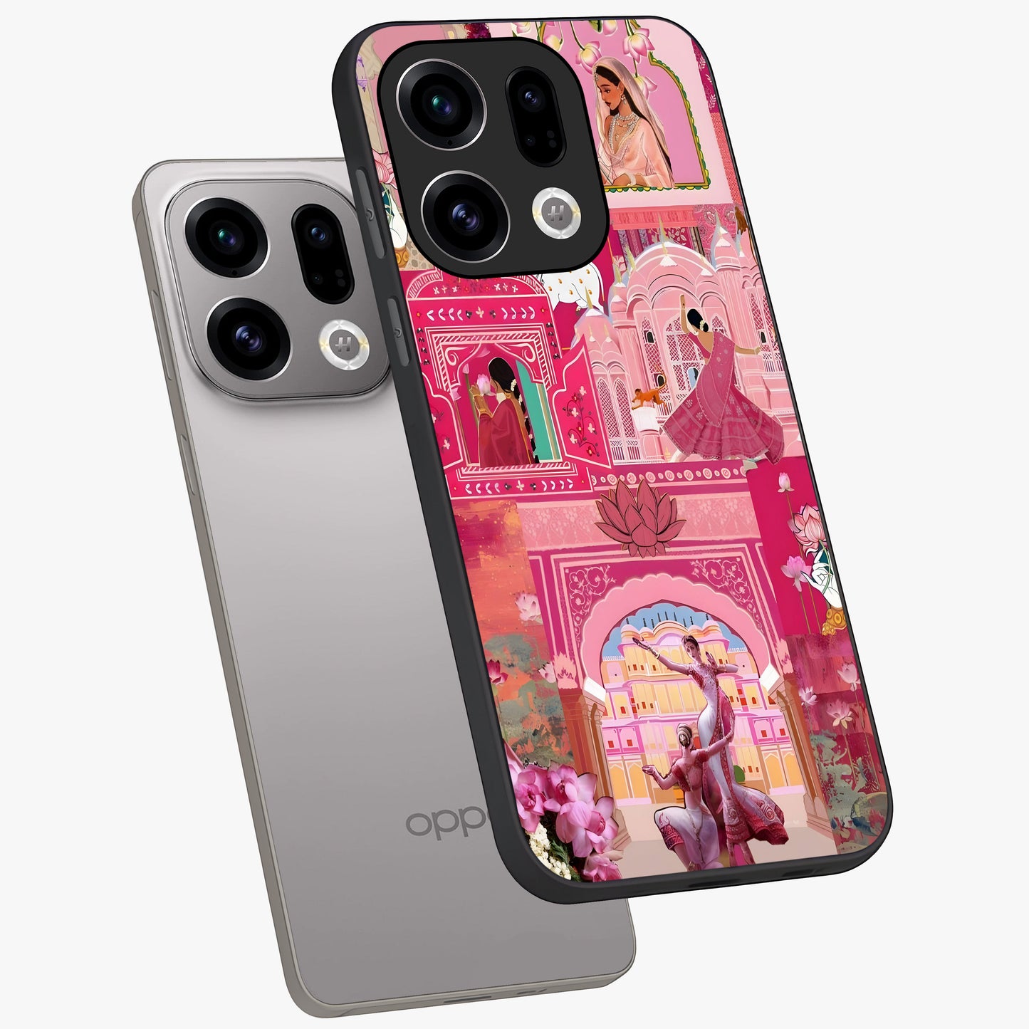 Pink Palace Muse Glass Case displayed in angled mockup highlighting dreamy palace illustration with soft pink aesthetic.