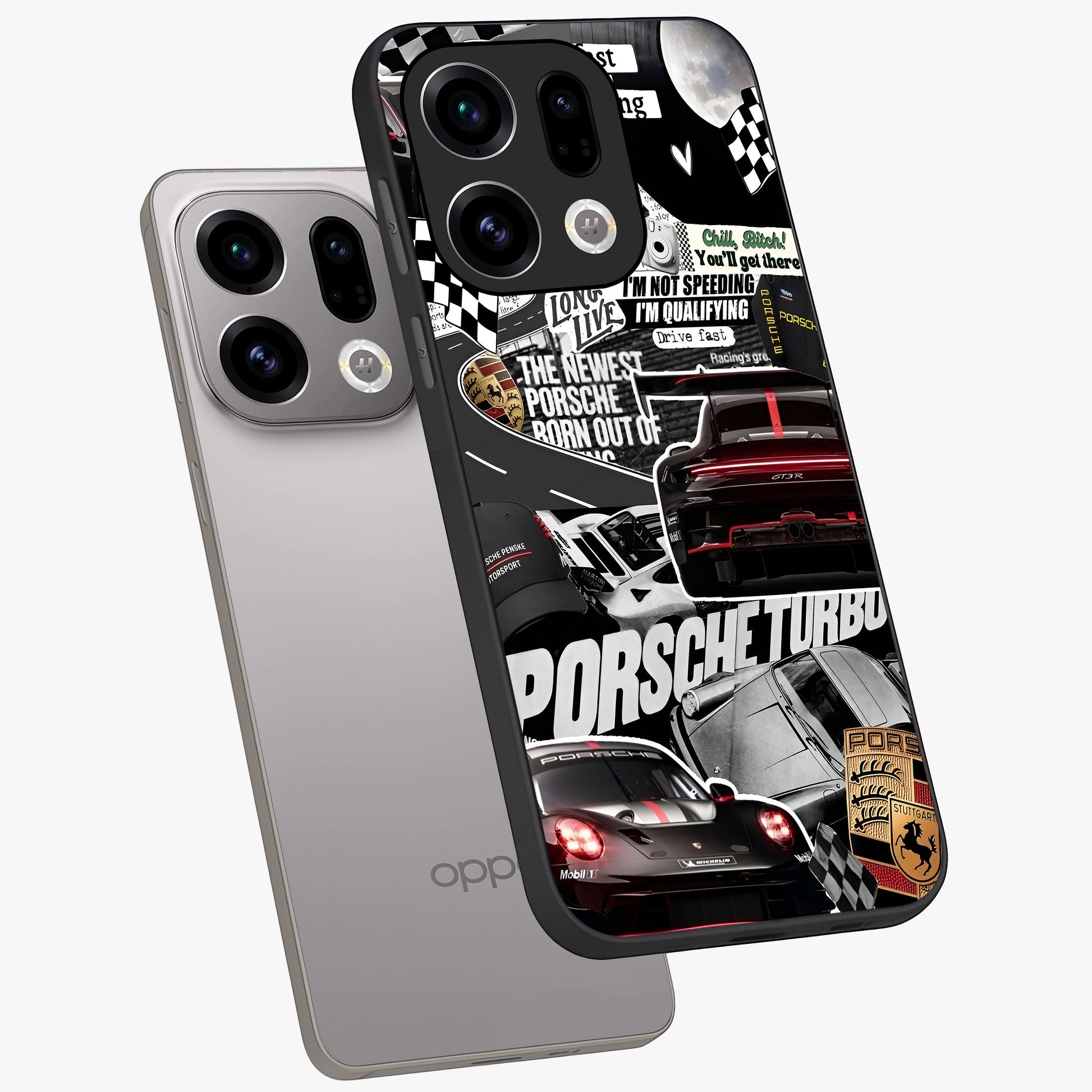 Porsche Racing Collage Glass Case displayed in angled mockup highlighting dynamic automotive design with bold racing aesthetic.
