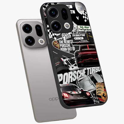 Porsche Racing Collage Glass Case displayed in angled mockup highlighting dynamic automotive design with bold racing aesthetic.