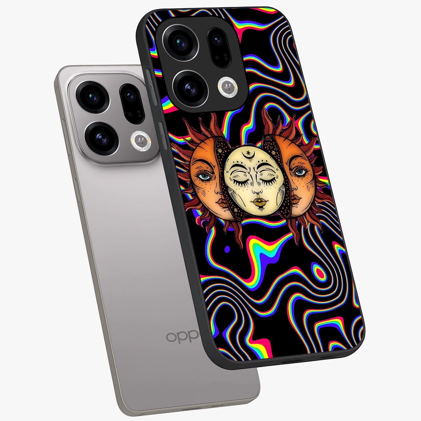 Psychedelic Sun Glass Case displayed in angled mockup highlighting vibrant abstract sun design with artistic aesthetic style.
