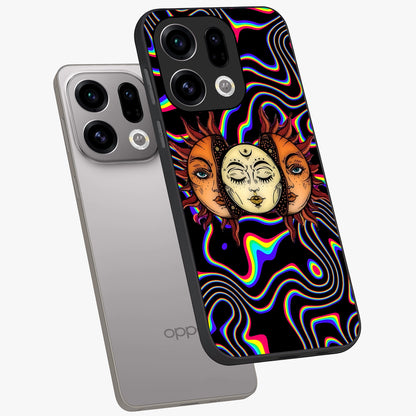Psychedelic Sun Glass Case displayed in angled mockup highlighting vibrant abstract sun design with artistic aesthetic style.