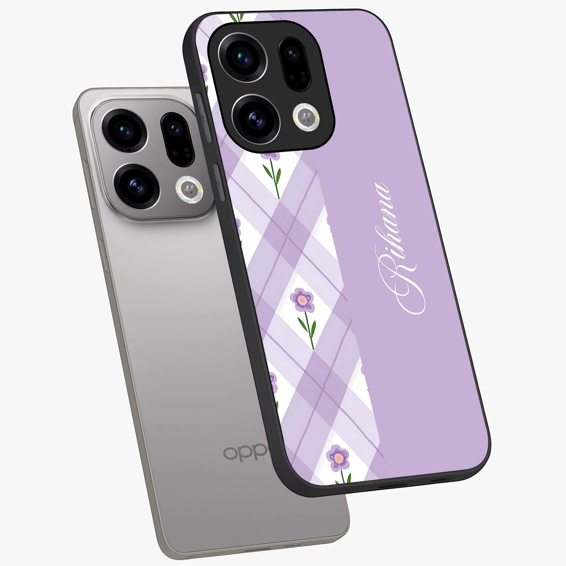 Purple Diamond Floral Glass Case displayed in angled mockup highlighting elegant purple flower design with decorative pattern.