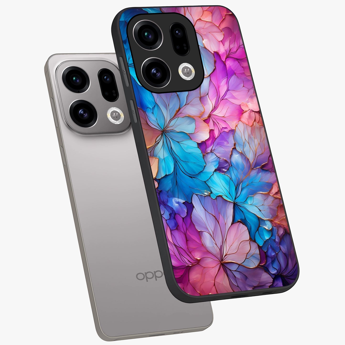 Radiant Floral Whirl Glass Case displayed in angled mockup highlighting vibrant flower pattern with dynamic artistic aesthetic.