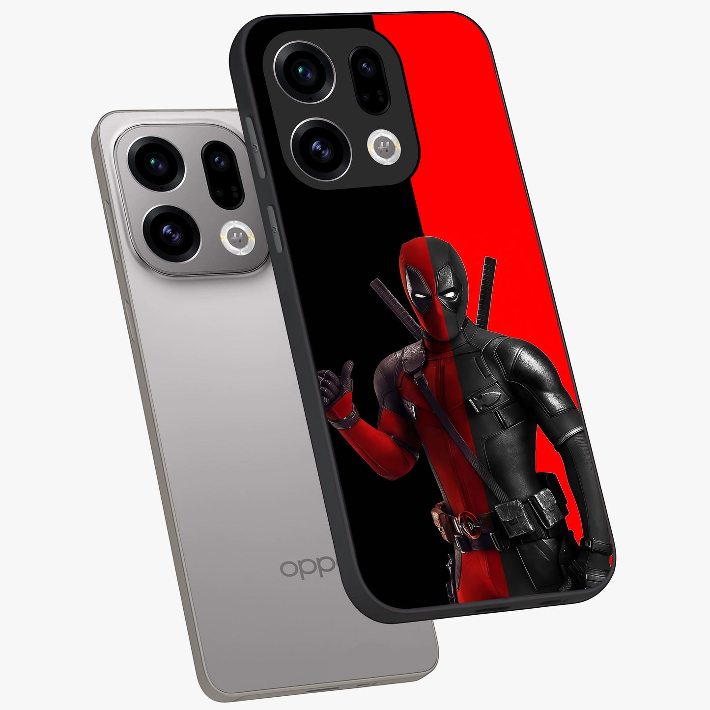 Red & Black Deadpool Theme Glass Case displayed in angled mockup highlighting vibrant superhero style illustration with action aesthetic.