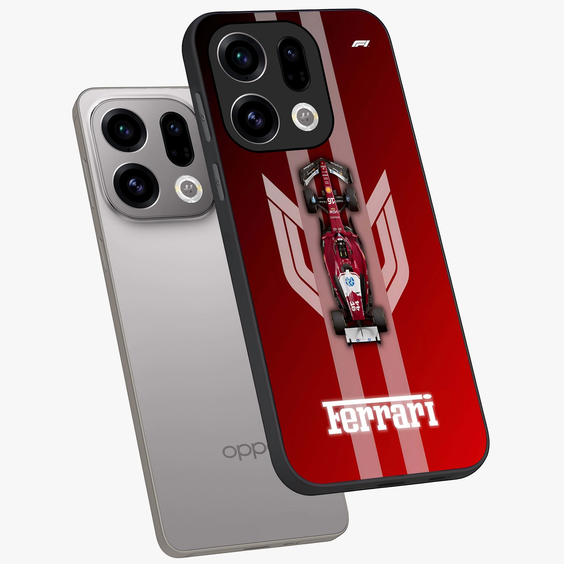 Red Ferrari F1 Vertical Glass Case displayed in angled mockup highlighting high speed racing design with bold automotive aesthetic.