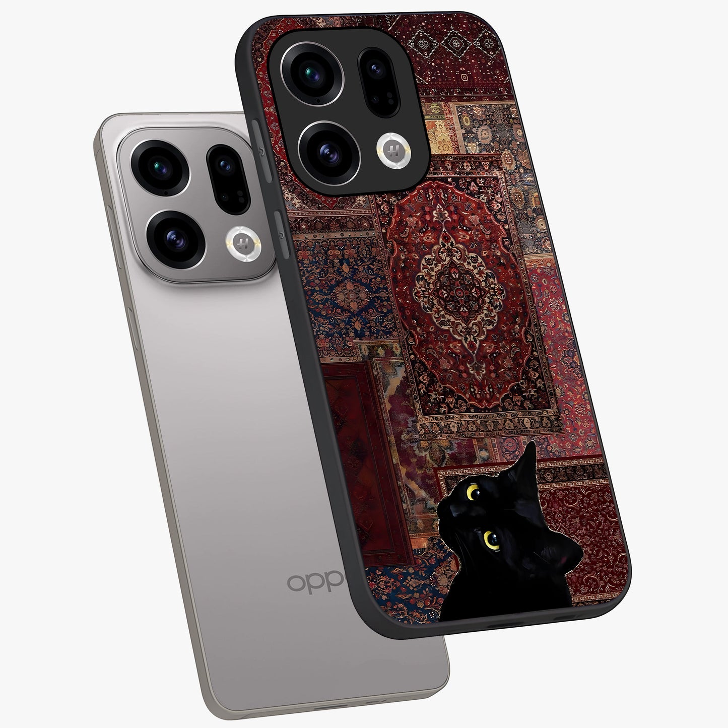 Regal Magic Cat Apple Glass Case displayed in angled mockup highlighting whimsical feline design with fantasy aesthetic.