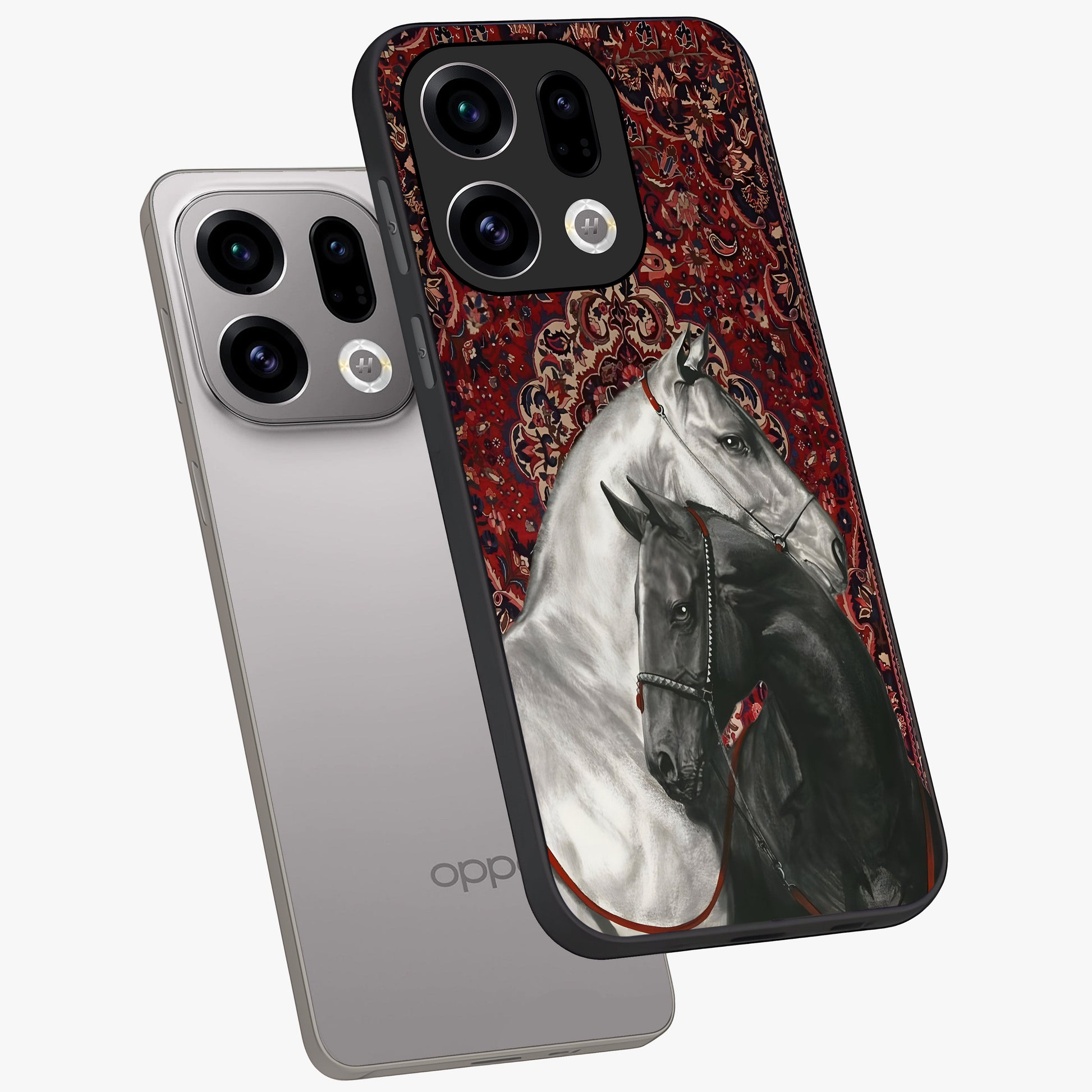 Regal Stallion Tapestry Glass Case displayed in angled mockup highlighting royal stallion design with decorative heritage aesthetic.