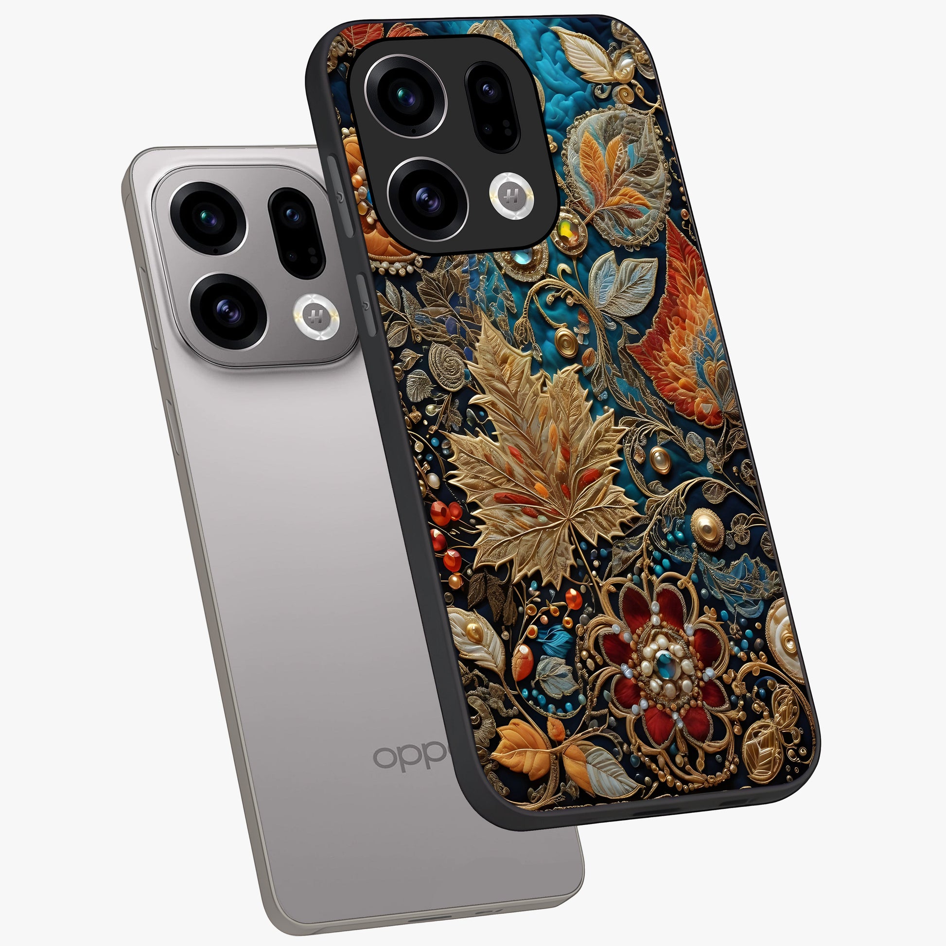 Royal Jewel Garden Glass Case displayed in angled mockup highlighting vibrant jewel inspired floral design with elegant aesthetic.