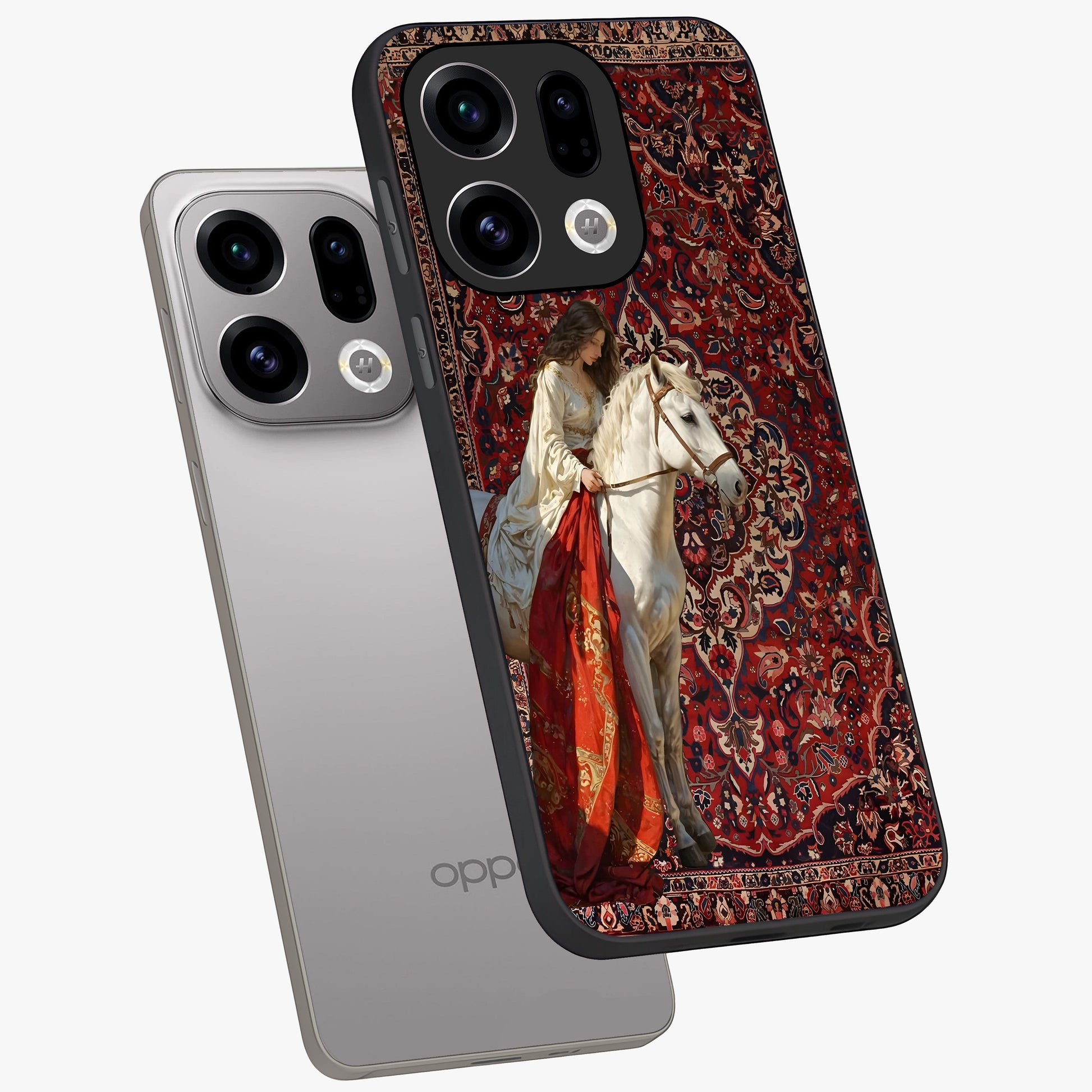 Royal Rider Tapestry Glass Case displayed in angled mockup highlighting traditional tapestry design with royal heritage aesthetic.