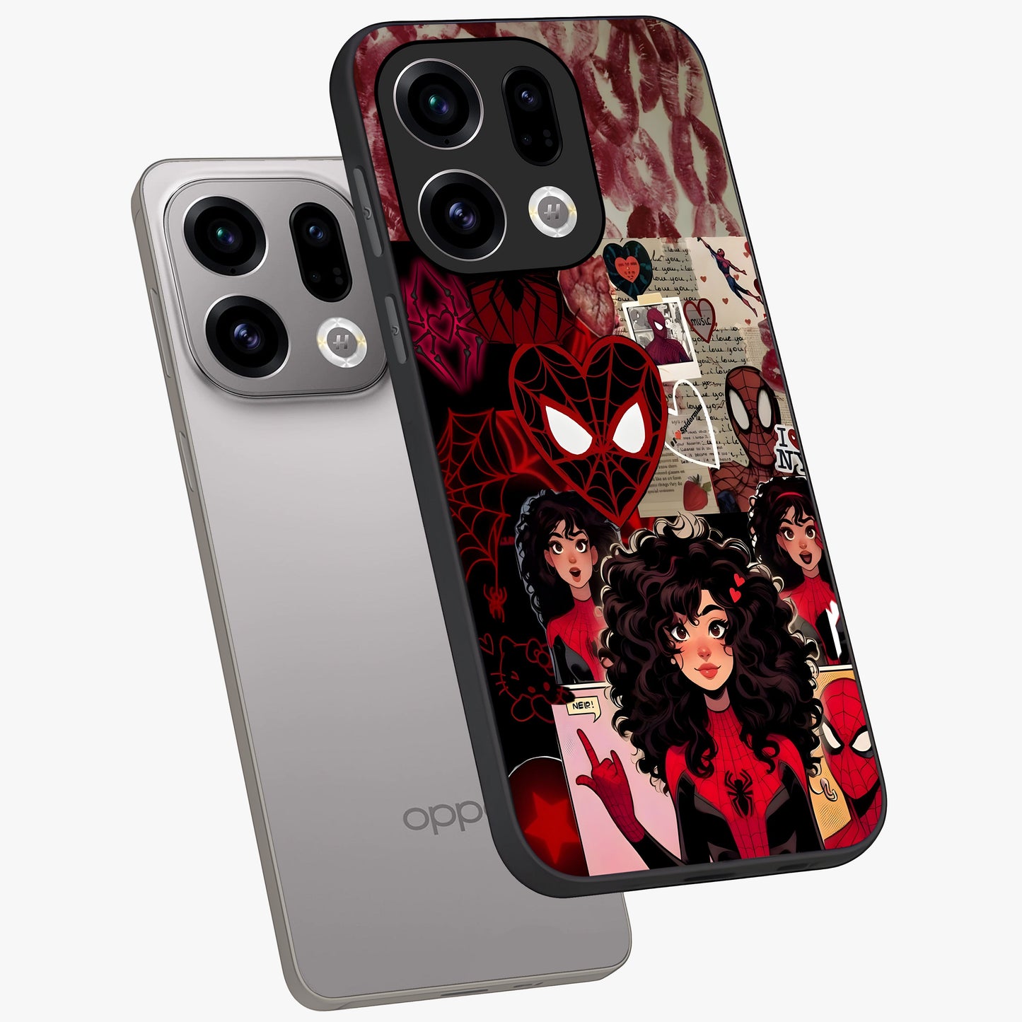 Spider Love Story Glass Case displayed in angled mockup highlighting expressive comic inspired design with playful aesthetic.