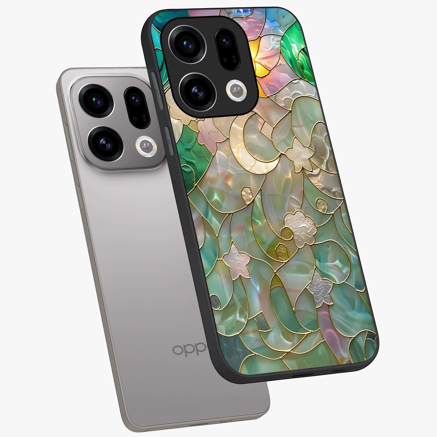 Stained Sunrise Glow Glass Case displayed in angled mockup highlighting radiant sunrise design with artistic aesthetic style.
