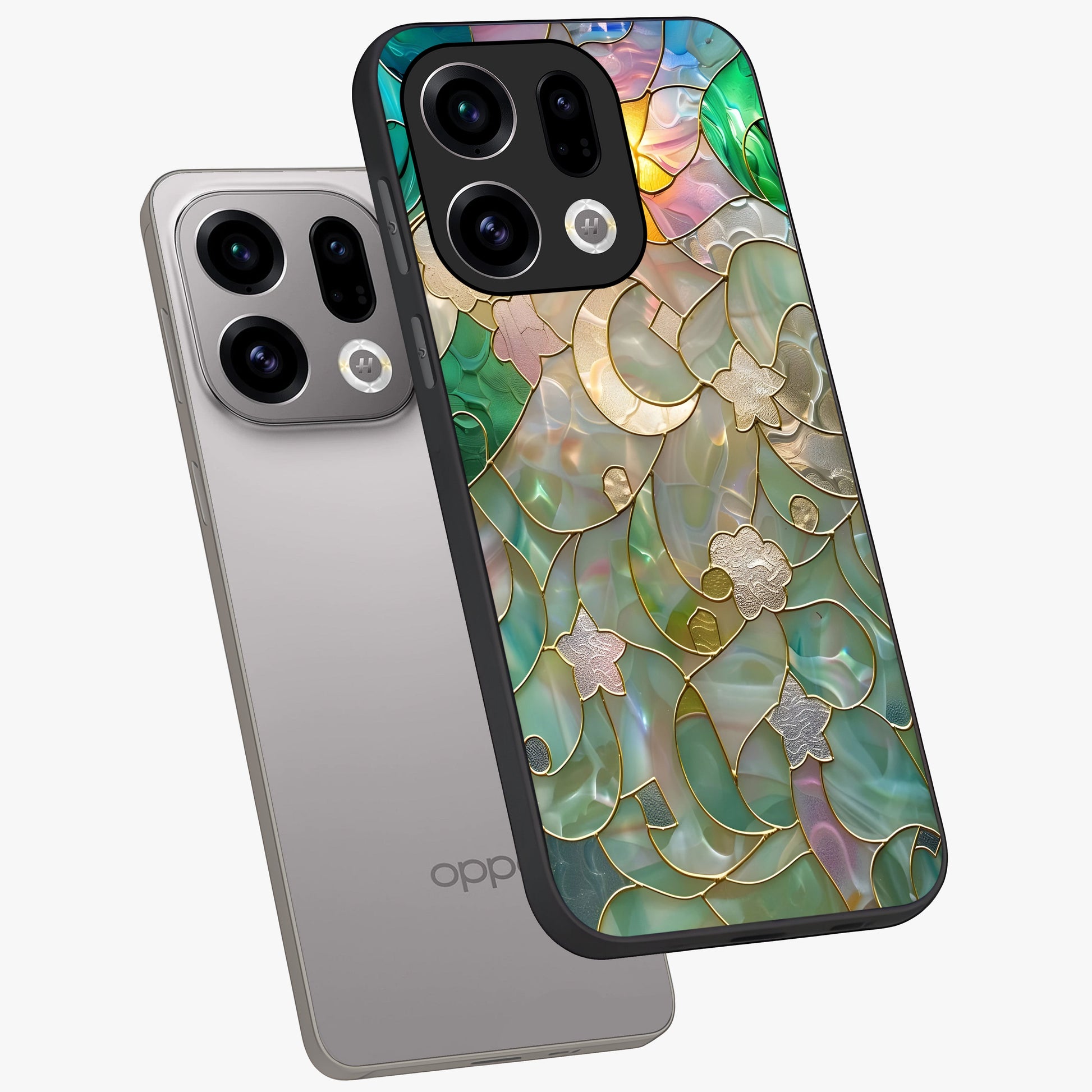 Stained Sunrise Glow Glass Case displayed in angled mockup highlighting radiant sunrise design with artistic aesthetic style.