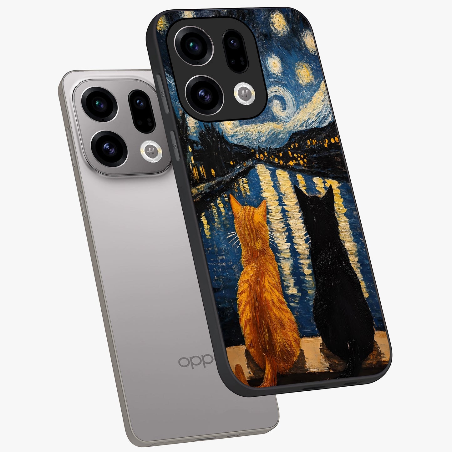Starry River Cats Glass Case displayed in angled mockup highlighting charming feline illustration with dreamy night aesthetic.