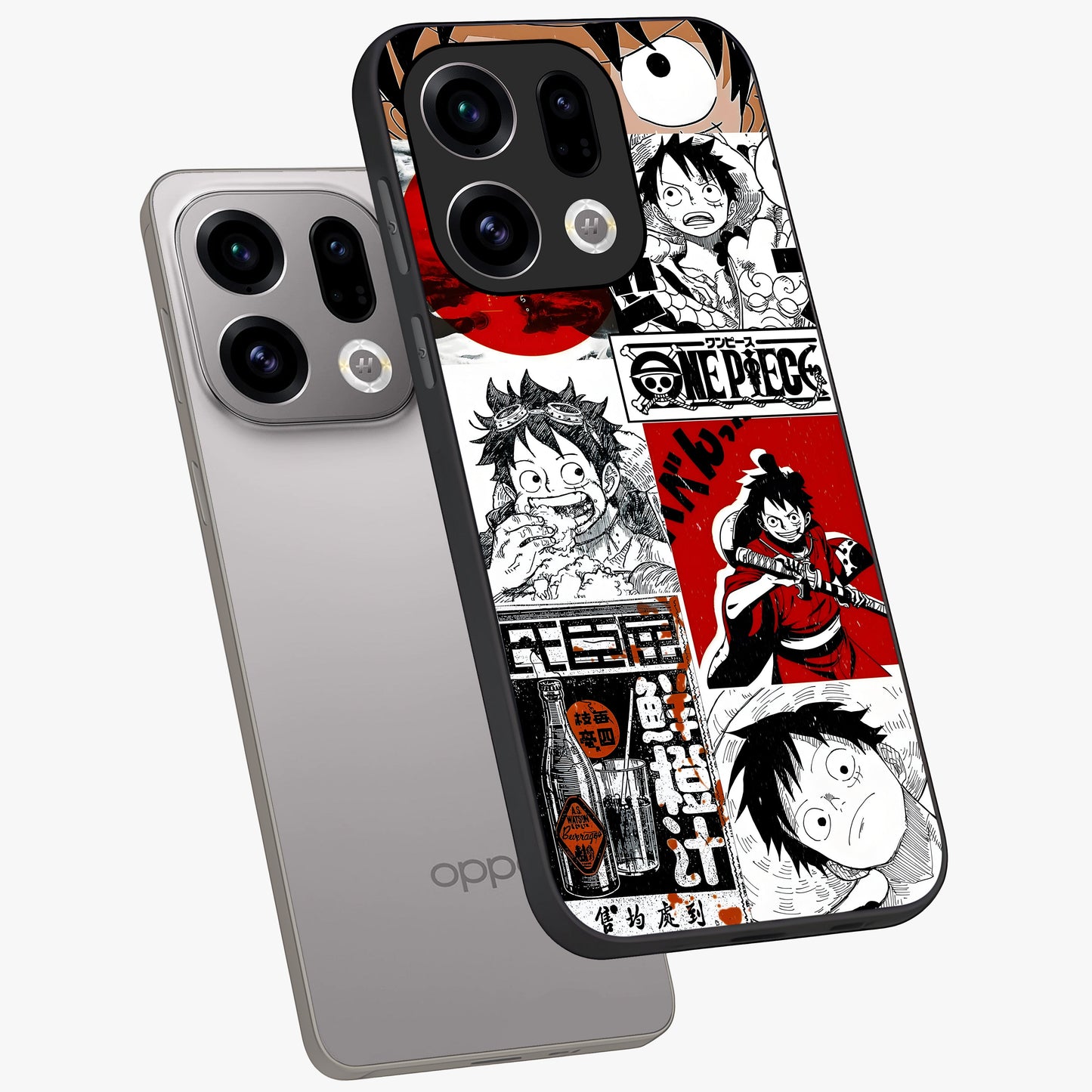 Strawhat Chaos Panels Glass Case displayed in angled mockup highlighting vibrant anime collage design with action aesthetic.
