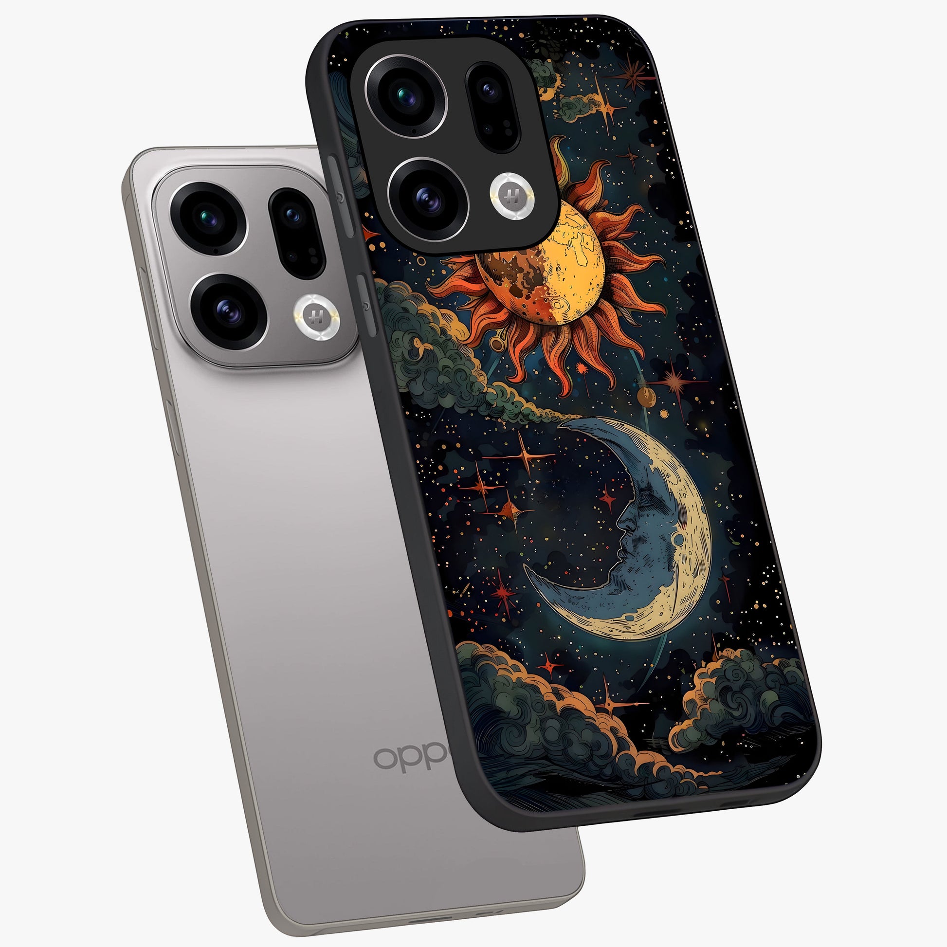 Sun And Moon Magic Design Glass Case displayed in angled mockup highlighting celestial design with magical cosmic aesthetic.