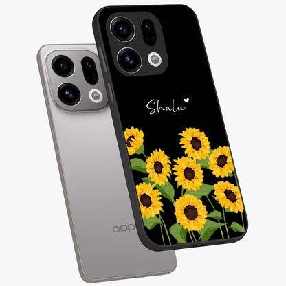 Sunflower Chic Mood Custom Name Glass Case displayed in angled mockup highlighting vibrant sunflower design with custom name feature.